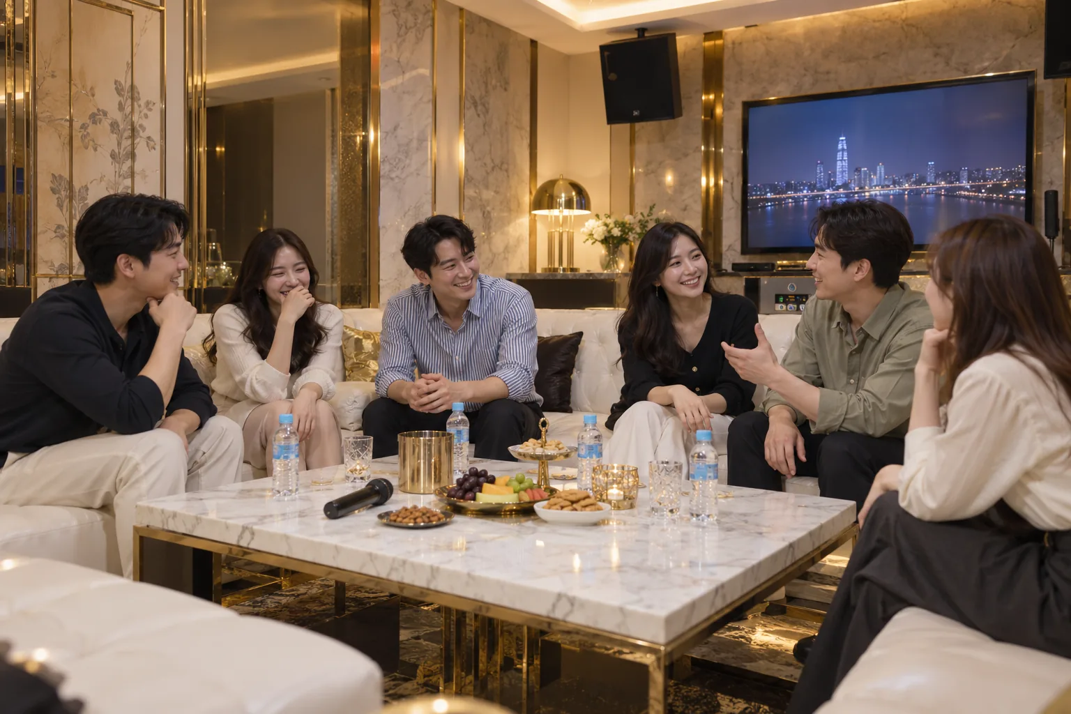 여럿이 대화하는 단체 모임 연출 장면